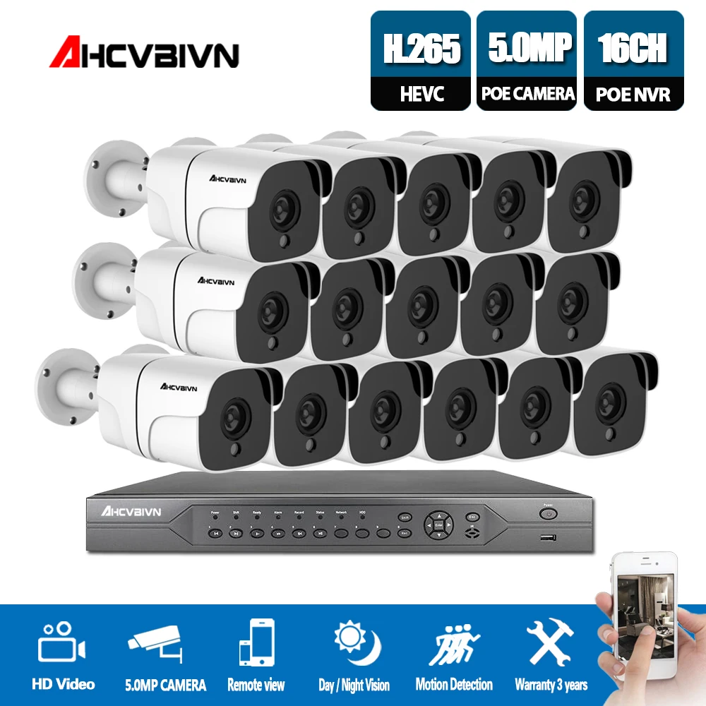 

Super 16CH 5MP 4K HDMI H.265 POE NVR Kit Array CCTV System Outdoor IP67 IP Camera P2P Security Surveillance Motion detection