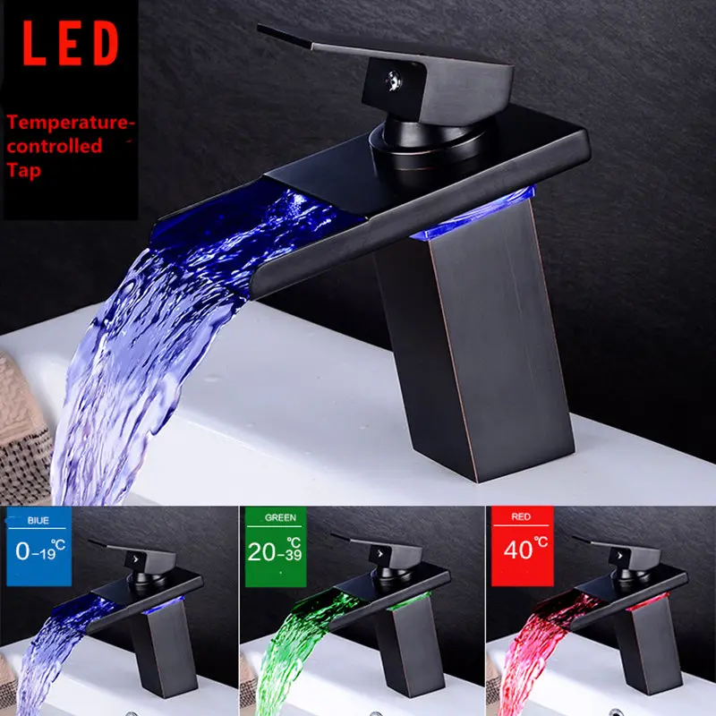 

Waterfall Basin Faucet Black Oil Brushed Chrome Brass Faucets LED Vanity Vessel Sink Mixer Cold And Hot Water Tap Deck Mount Tap