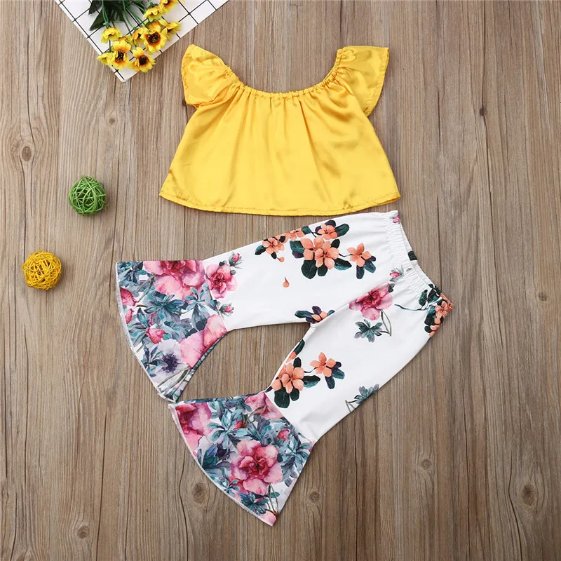 Summer Kids Baby Girl Clothes Outfits Off Shoulder Short Sleeve T-Shirts Floral Flared Pants 2Pcs Fashion Girl Sets 1-5Y
Summer Kids Baby Girl Clothes Outfits Off Shoulder Short Sleeve T-Shirts Floral Flared Pants 2Pcs Fashion Girl Sets 1-5Y