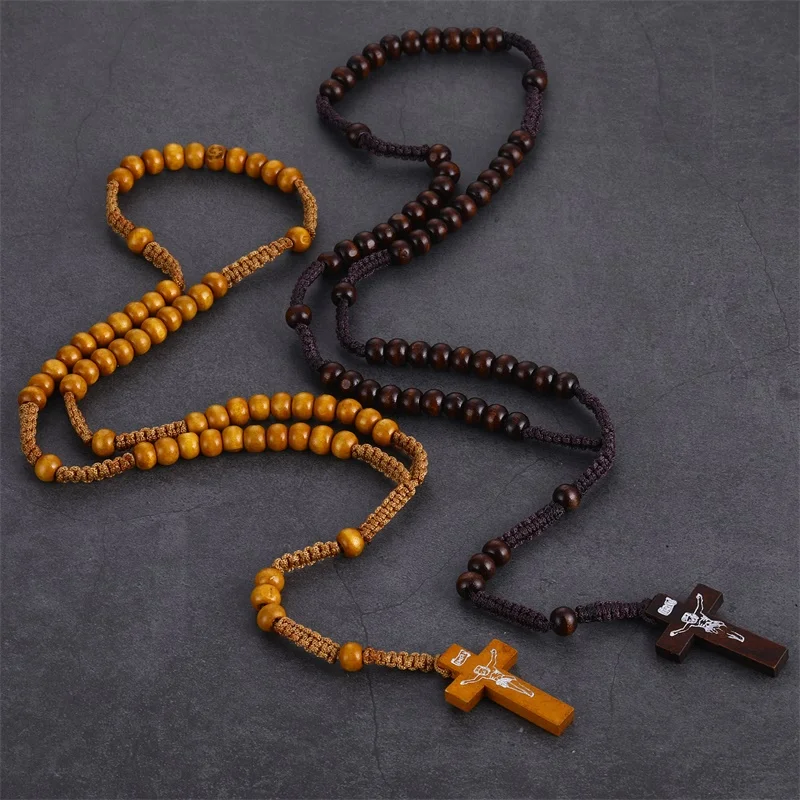 

2019 New Fashion Wooden Beads Cross Pendant Necklace For Women Men Catholic Christian Religious Jesus INRI Rosary Retro Jewelry