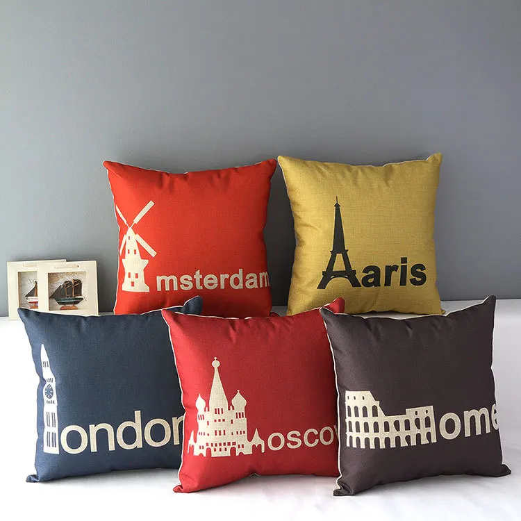 

London pillow cover, city cartoon Moscow Amsterdam Rome Paris landmark buildings throw pillow case pillowcase wholesale