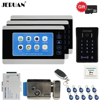 

JERUAN 7 Inch LCD Video Doorbell Door Phone Voice/Video Recording Unlock Intercom System kit 3 Monitors Waterproof RFID Camera
