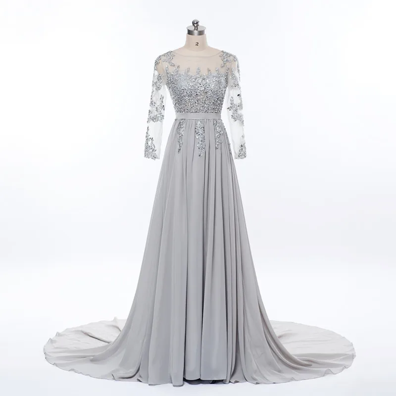 Crystal Beading Backless Evening Dress w/ Long Sleeve Gray