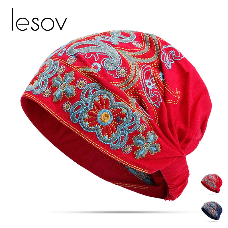 

Lesov Vintage Ethnic Beanie Hat Women Beanies Cap Elastic Breathable Cotton Summer Turban Caps Rerto Bohemia Hats Slouchy Gorros