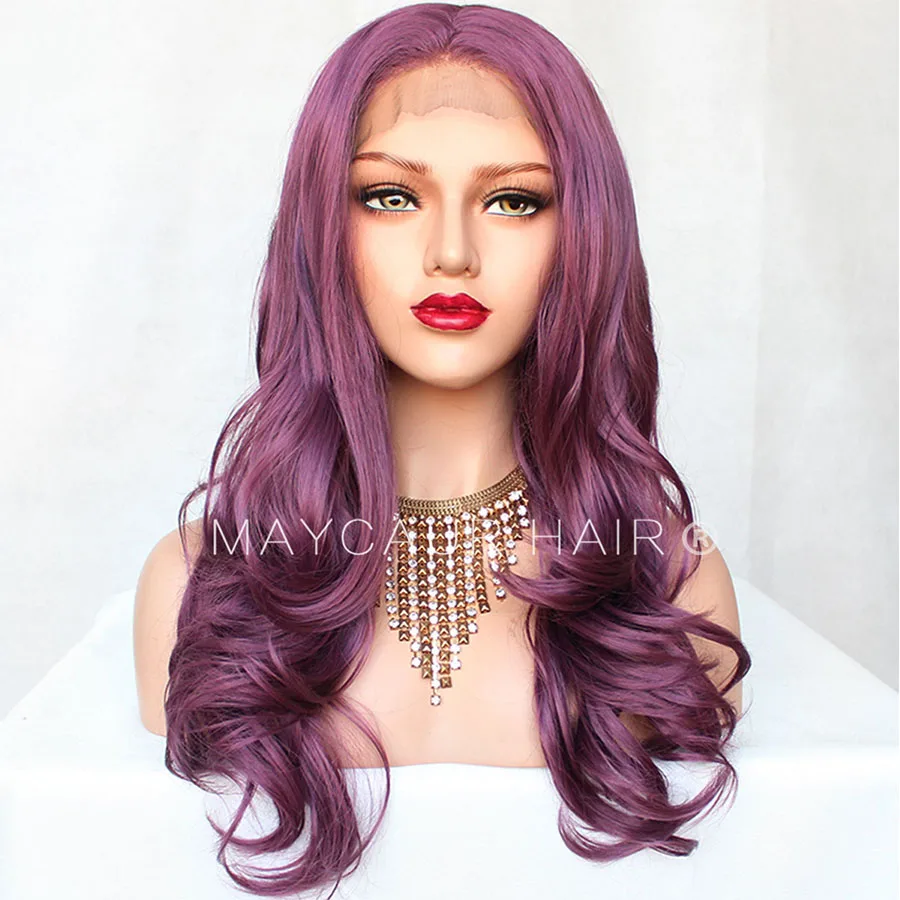 _0019_Maycaur Body Wave Wigs Fashion Purple Color 180 Density Long Wave Synthetic Lace Front Wigs For Black Women Gluele