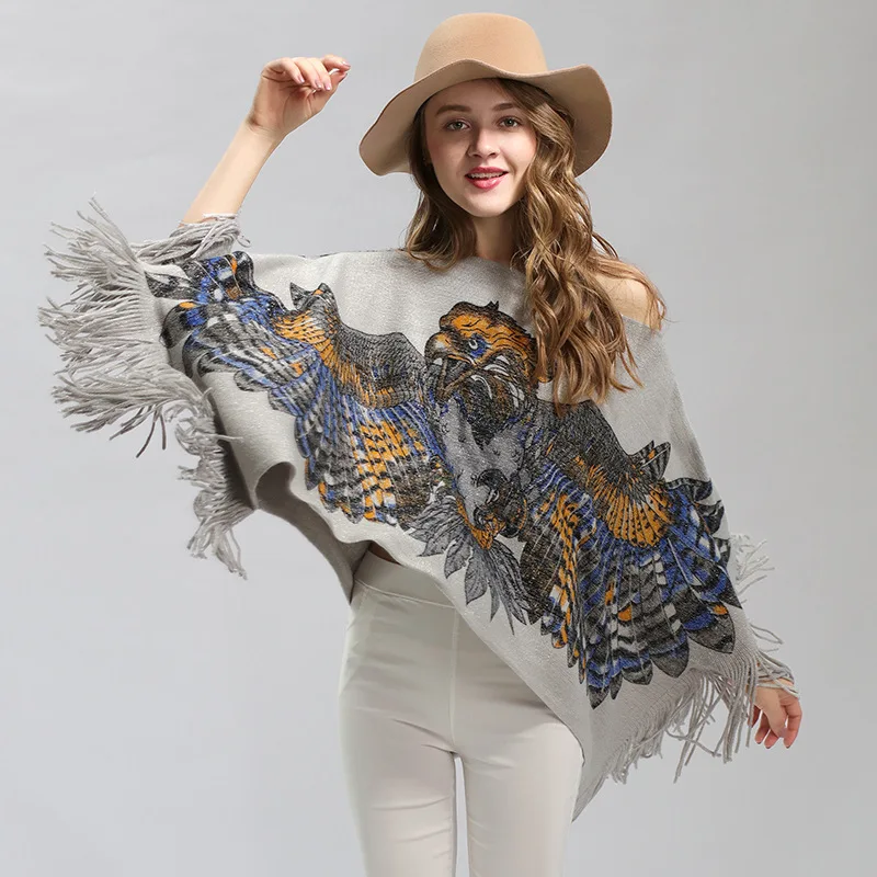 

Chic eagle batwing Sleeved Shawl Pullover fringed Cloak Sweater Animal Tiger Knit tassels Stitching irregular O-Neck Tops Cape