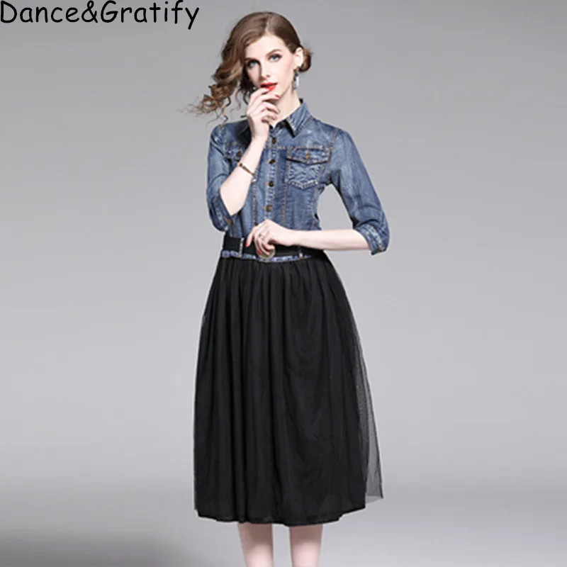 Autumn Women's Office Work Dresses 2019 New Three Quarter Sleeve Fashion Mesh Denim Patchwork Casual Midi Dresses
Autumn Women's Office Work Dresses 2019 New Three Quarter Sleeve Fashion Mesh Denim Patchwork Casual Midi Dresses