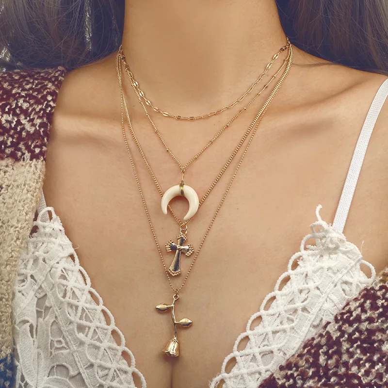 Vintage Multilayer Rose Flower Cross Moon Pendant Necklaces Women Bohemia Gold Chains Long Necklace Jewelry Maxi Kolye YN306
Vintage Multilayer Rose Flower Cross Moon Pendant Necklaces Women Bohemia Gold Chains Long Necklace Jewelry Maxi Kolye YN306