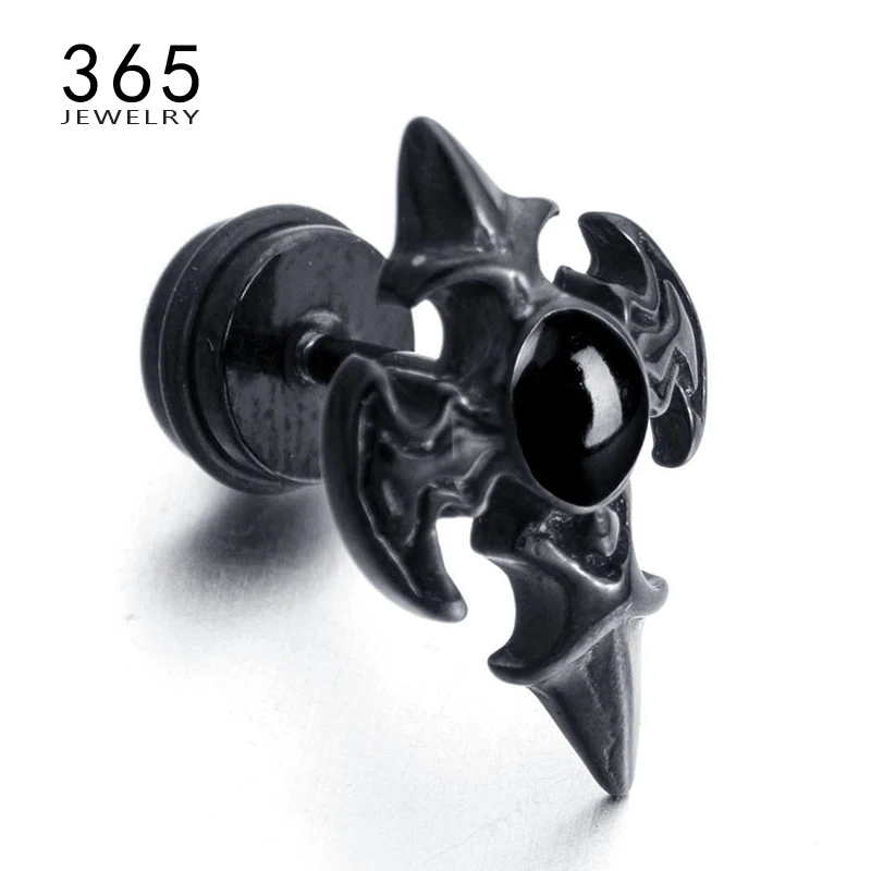 Image Punk Ear Studs Jewelry Retro Gothic Biker Cross Earrings Black Gold Titanium Plated Stainless Steel Stud Earrings for Men Women