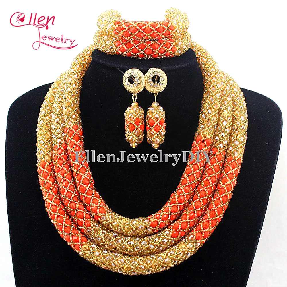 

2019 New Arrived Fashion Champagne Orange Crystal Costume necklace sets Bridal Nigerian Wedding African Beads Jewelry Sets E1024