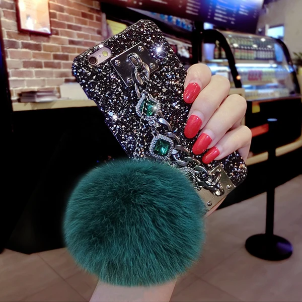

For Iphone X 8 7 6S Plus 5 5S SE Samsung Galaxy S9 S8 NOTE 8 Cover Glitter Hard Case Women Luxury Fuzzy Ball Retro Jewel Stone