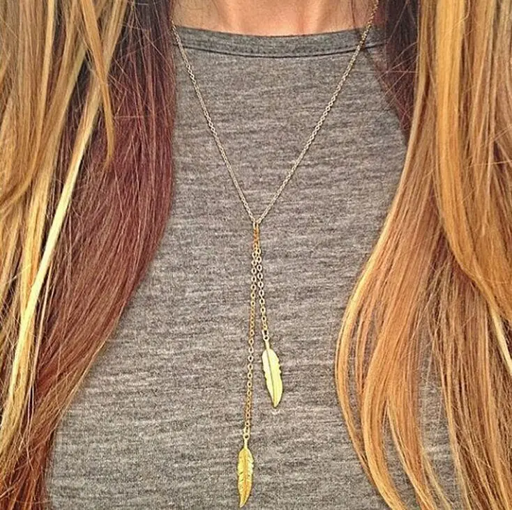HOCOLE 2019 New Fashion womens vintage long necklace jewelry gold simple feather pendant necklaces colar Leaf Jewelry gifts | Украшения и