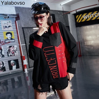 Spring O neck Long Sleeve Denim Patchwork Black Word Printing Casual Shirts Vintage Tees Loose Waist Tops for woman A110Z40
Spring O neck Long Sleeve Denim Patchwork Black Word Printing Casual Shirts Vintage Tees Loose Waist Tops for woman A110Z40