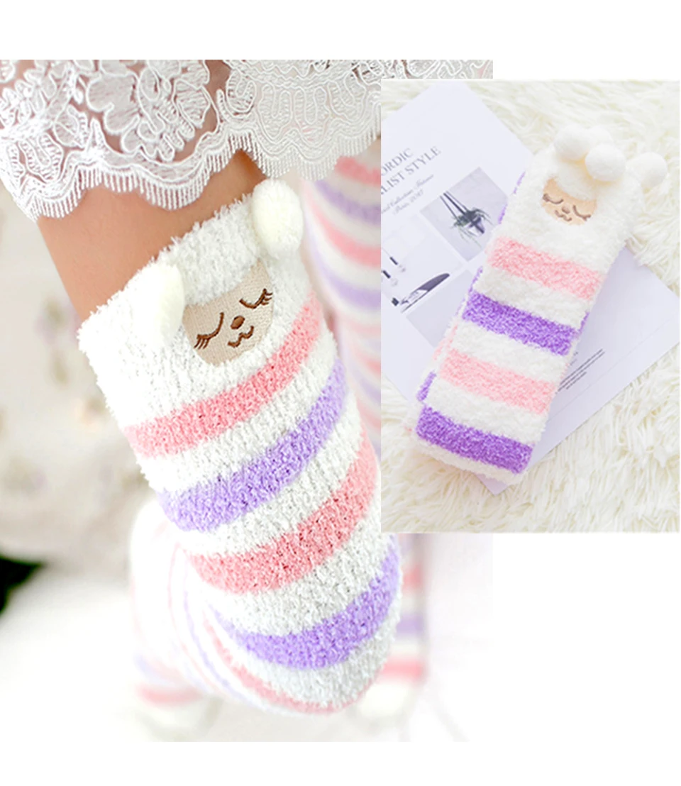 2019 New Winter Coral Velvet Knee Pads Ladies Cute Comfortable Thick Warm Towel Leggings Women's Stockings Striped Sleeping Sock (10)
