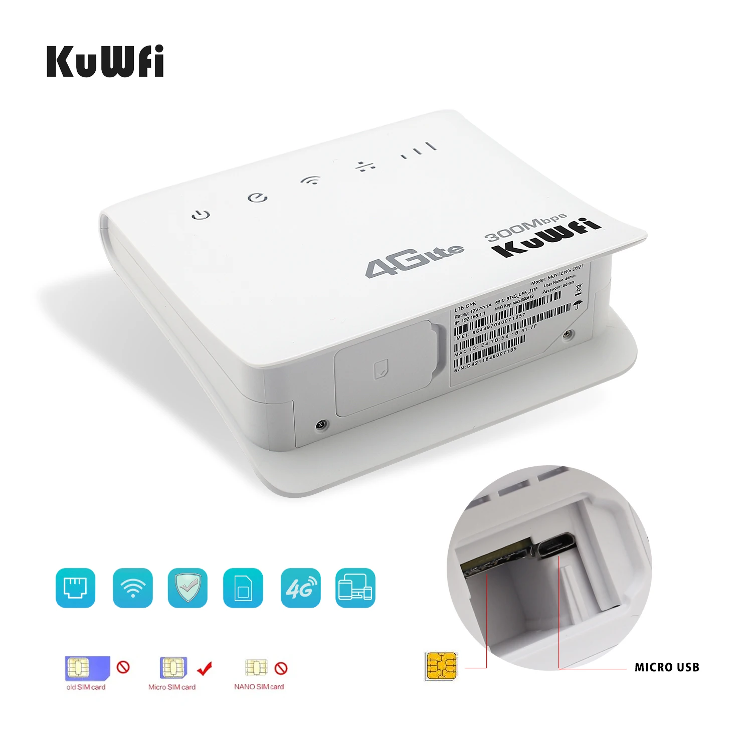 KuWFi 300 Мбит / с Маршрутизатор 4G LTE CPE Мобильный Wi Fi Беспроводной внутренний