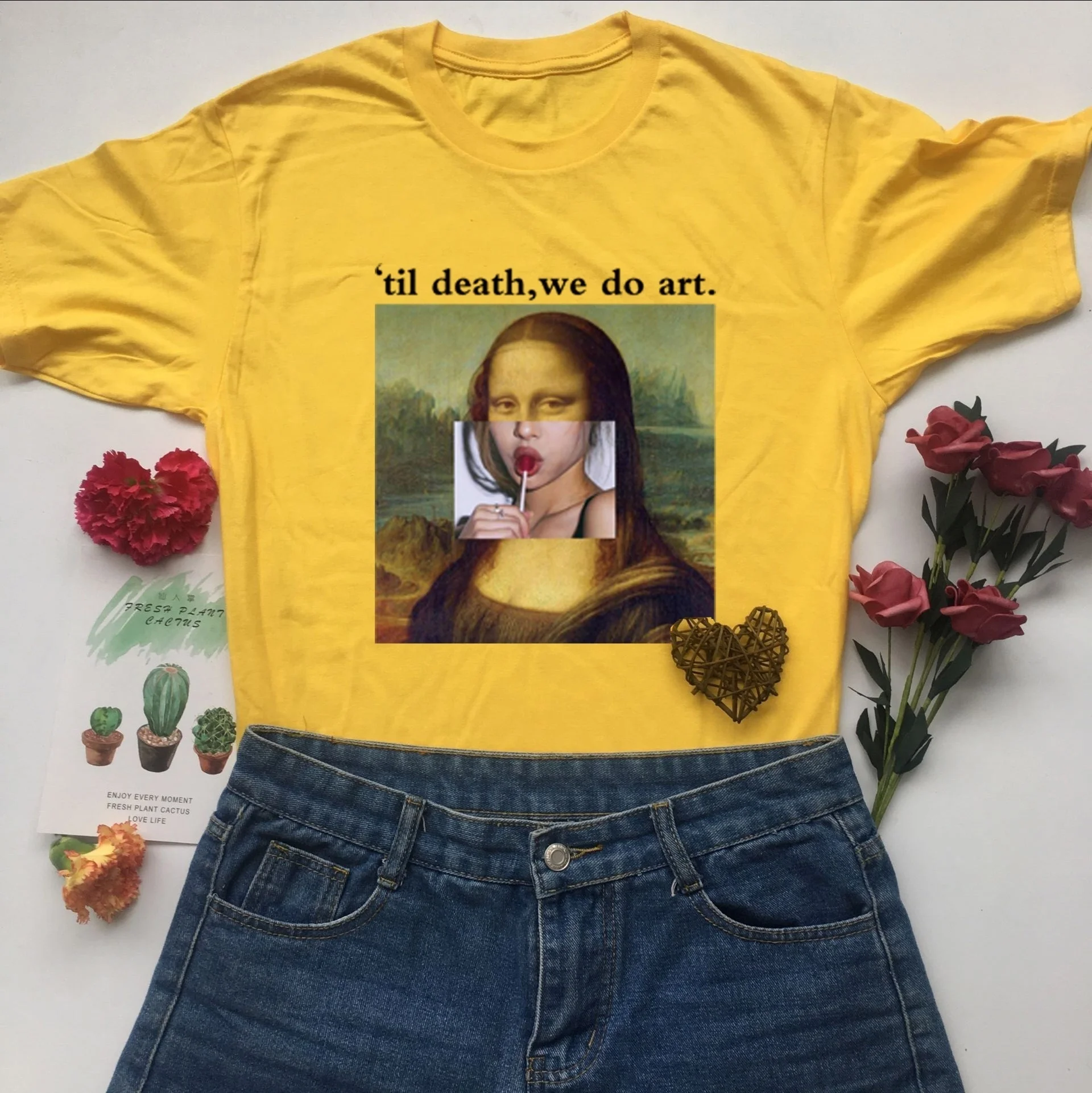 

Starqueen-JBH Til Death We Do Art Tumblr Quotes T-Shirt Unisex Monalisa Lollipop T Shirt Grunge White Graphic Tee Street Style