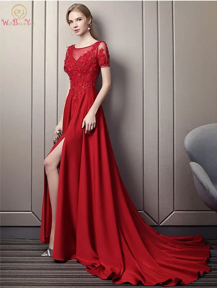 High Split Prom Dress 2019 New Red Satin Sexy Short Sleeves O-neck Appliques Beading Flowers Sweep Train Sequined Evening Gown
High Split Prom Dress 2019 New Red Satin Sexy Short Sleeves O-neck Appliques Beading Flowers Sweep Train Sequined Evening Gown