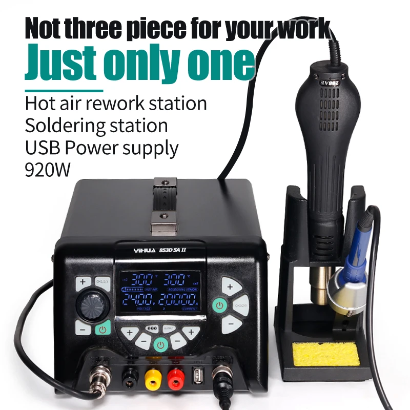 YIHUA 853D 5A II 920W SMD Soldering Station USB DC Power Supply Heat Gun BGA Rework Station Solder Iron 3 in 1 Welding Tool
YIHUA 853D 5A II 920W SMD Soldering Station USB DC Power Supply Heat Gun BGA Rework Station Solder Iron 3 in 1 Welding Tool