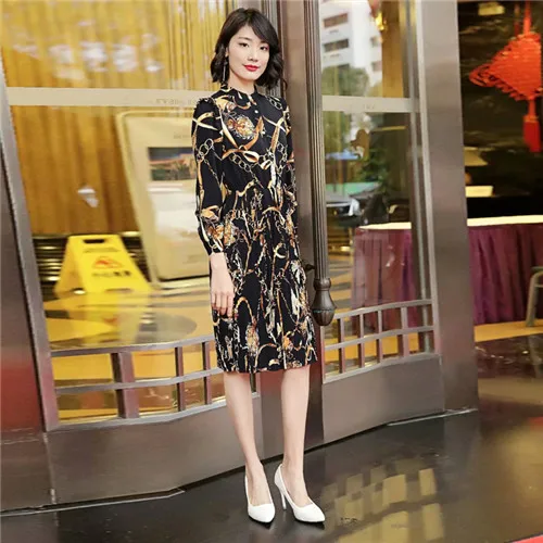 new brand stylish high quality elegant women's knee length dress 2019 spring chiffon dresses long sleeve print chains rope
new brand stylish high quality elegant women's knee length dress 2019 spring chiffon dresses long sleeve print chains rope
