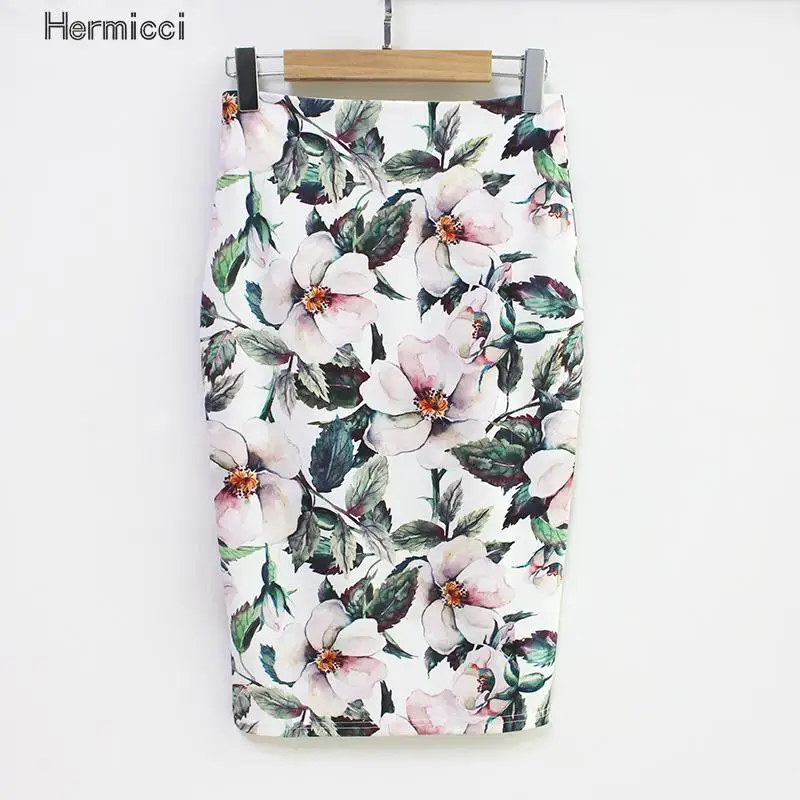 Image Hermicci 2017 Summer Style Pencil Skirt Women High Waist Green Skirts Vintage Elegant Bodycon Floral Print Midi Skirt
