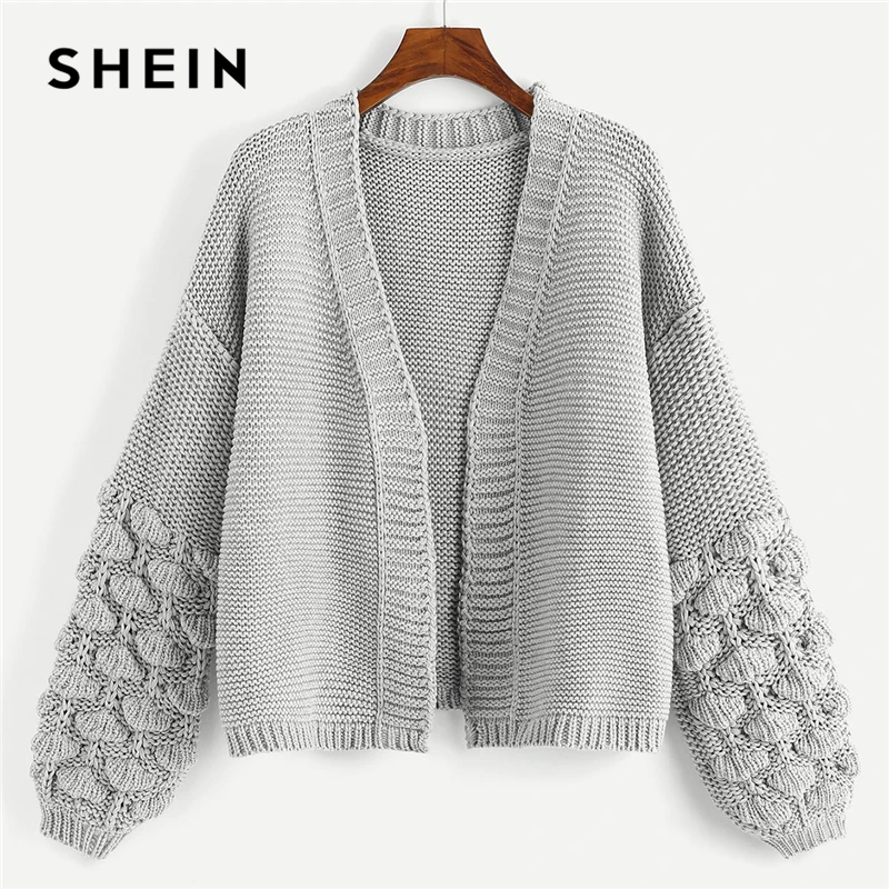 

SHEIN Grey Preppy Campus Crochet Bishop Sleeve Marled Solid Cardigan Casual Sweater 2018 Autumn Elegant Women Sweaters