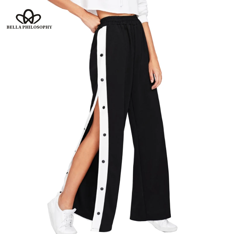 Wonder 2019 new fashion Summer Women Wide Leg Pants Elastic High Waist Split Hit Color Loose Casual Trousers S-XL