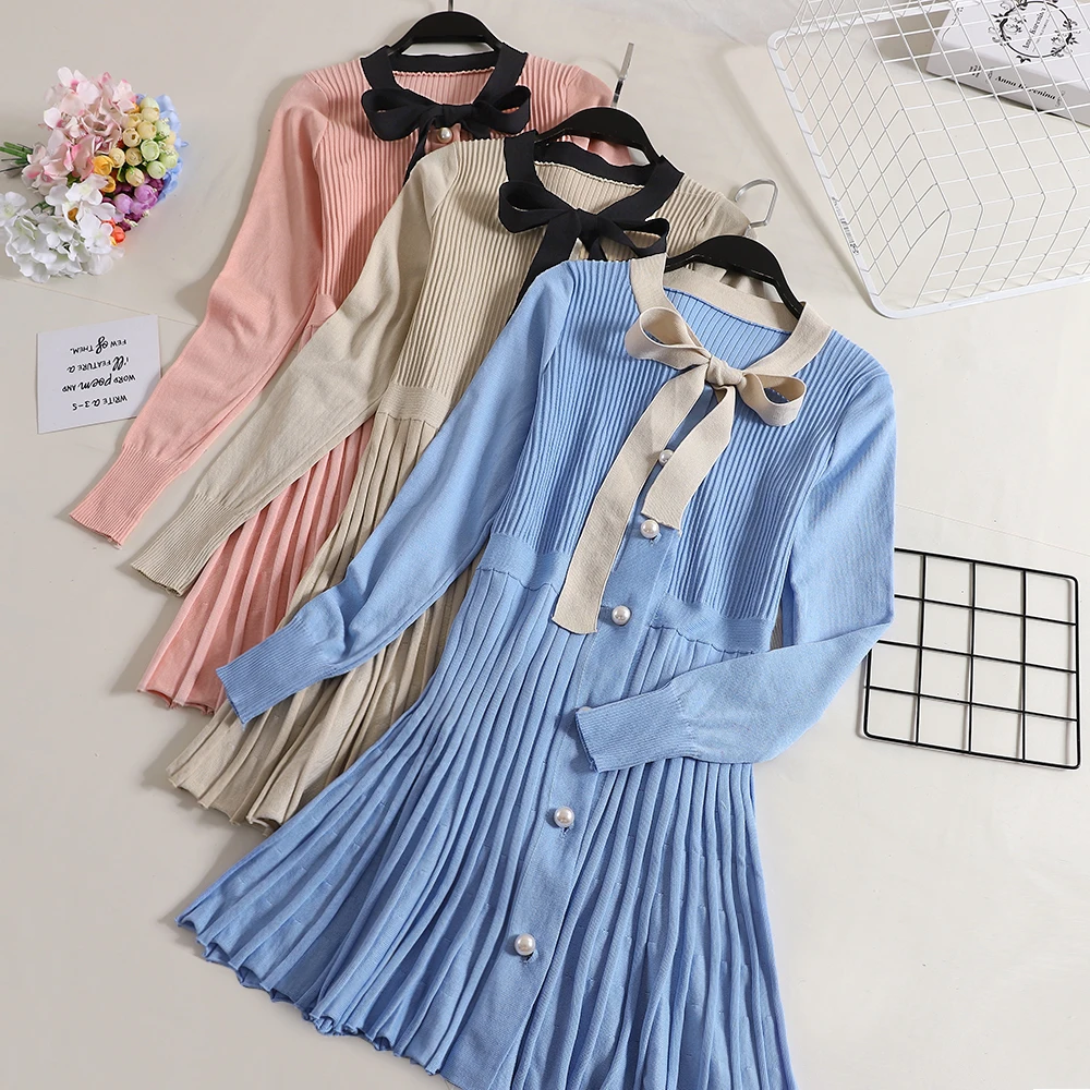 Women Winter Bandage Bow Neck Knitted Patchwork Elastic Pleated Dress Preppy Long Sleeve High Waist Pearl Button One-piece Dress
Women Winter Bandage Bow Neck Knitted Patchwork Elastic Pleated Dress Preppy Long Sleeve High Waist Pearl Button One-piece Dress