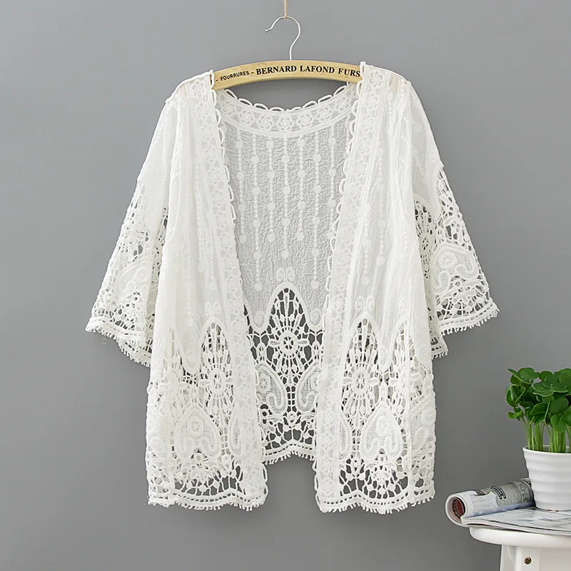 Summer Casual Loose Woman Shirt Fashion Half Sleeve Kimono Cardigan Blouses Women Tops White Lace Blouse
Summer Casual Loose Woman Shirt Fashion Half Sleeve Kimono Cardigan Blouses Women Tops White Lace Blouse