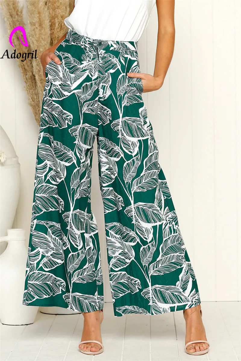 Wide leg women long pants leaf patterned elastic bandage waist casual trousers for lady printed pleated high waist trousers 
Wide leg women long pants leaf patterned elastic bandage waist casual trousers for lady printed pleated high waist trousers