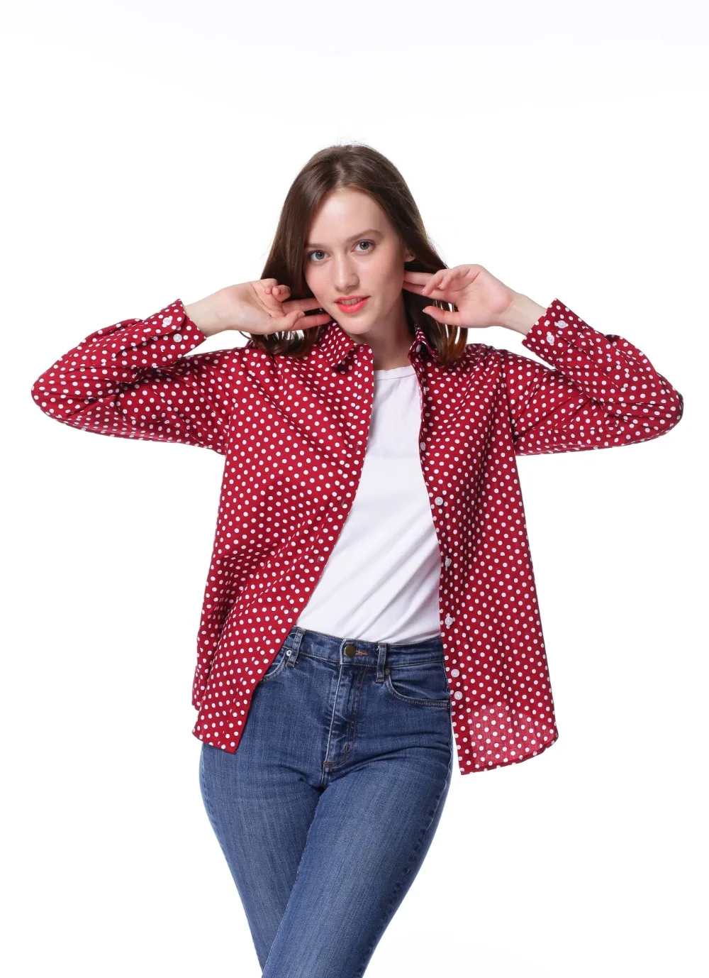 New Brand Red Polka Dot Shirt Dots Women Shirts Bohemia Long Sleeve Blouses Red Dot White Women Shirts Blouses Blusa Mujer 14