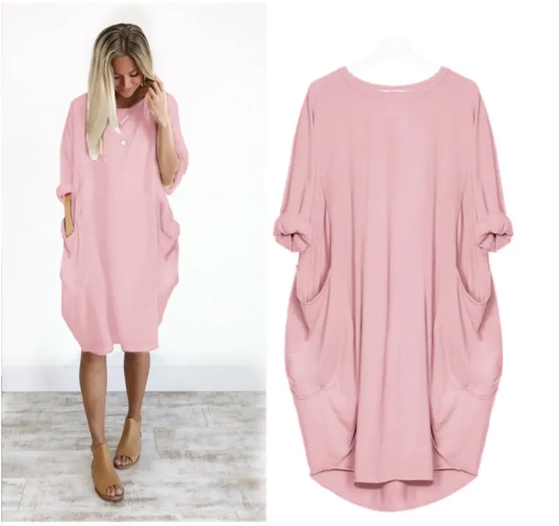 2019 Solid Summer Dress Women Autumn O-Neck Casual Dress Pockets Long-Sleeve Knee-Length Loose Dress Plus Size
2019 Solid Summer Dress Women Autumn O-Neck Casual Dress Pockets Long-Sleeve Knee-Length Loose Dress Plus Size