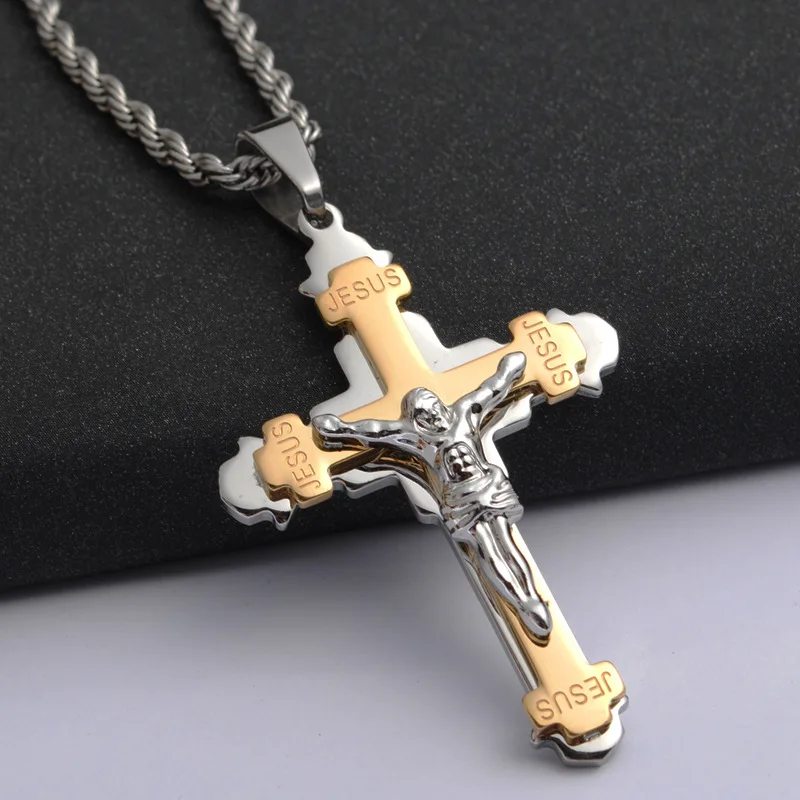 

Two Tone Gold Color Titanium Steel Multilayer Cross INRI Crucifix Jesus Piece Pendants Necklaces for Men Women Prayer Jewelry