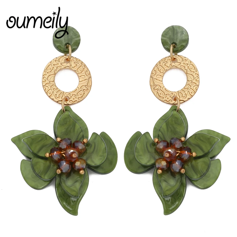 

OUMEILY Big Bohemian Beaded Wedding Earrings for Women Brides Round Gold Vintage Green Flower Long Drop Earings Fashion Jewelry