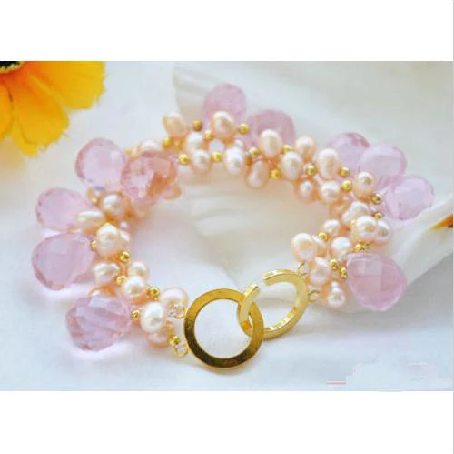 

Charming Luck Pearl Jewellery,Handmade 8inches 3rows Pink Rice Freshwater Pearl Faceted Drip Crystal Bracelet,Fashion Women Gift
