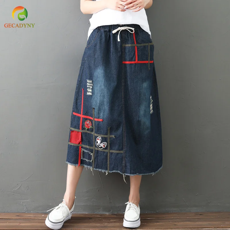 Women Denim Skirts Appliques Elastic Waist 2019 Summer Autumn New Casual Women Skirts Old Vintage Chinese Style Patchwork Skirts
Women Denim Skirts Appliques Elastic Waist 2019 Summer Autumn New Casual Women Skirts Old Vintage Chinese Style Patchwork Skirts