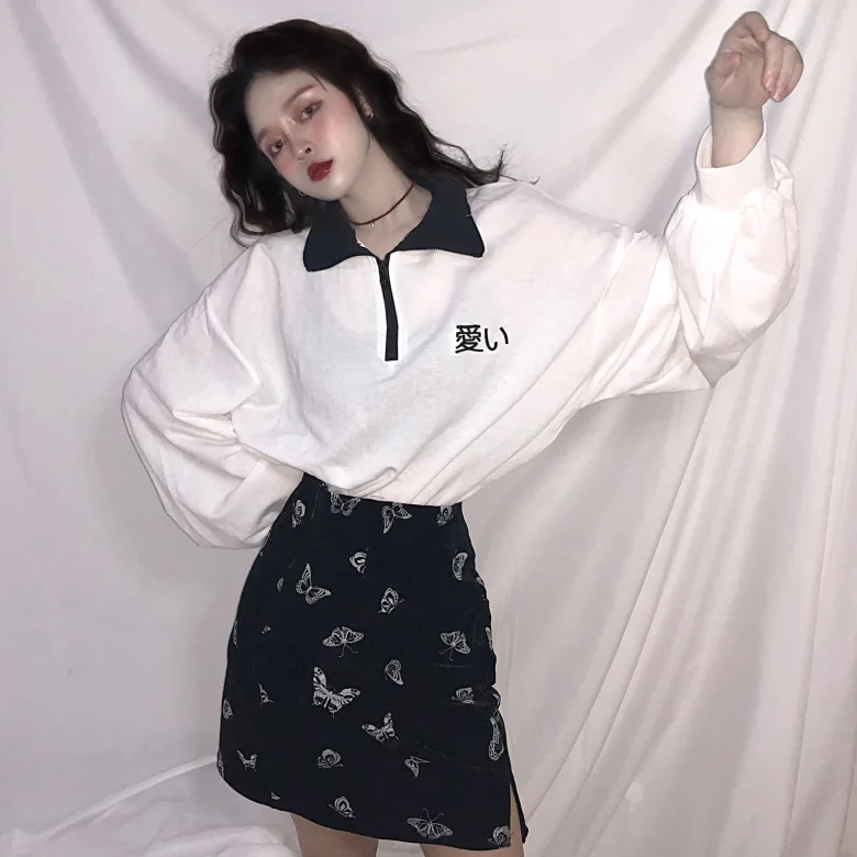 

New Women's Clothing ulzzang korean harajuku vintage personality Text print zipper loose fashion lantern sleeve full T-Shirts
