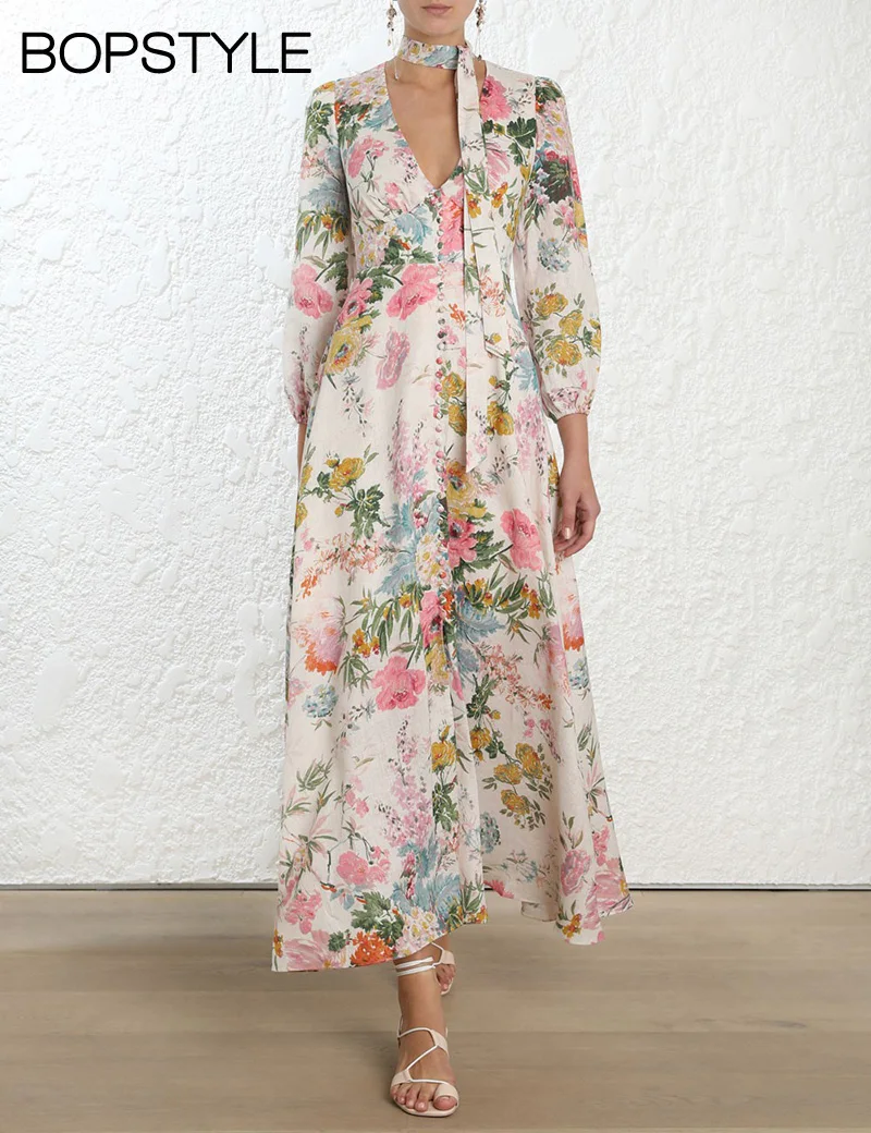Top Linen Heathers Plunge Button Front Long Dress - V-neck Garden Floral Print Maxi Dress With Necktie & Gathered Under Bust
Top Linen Heathers Plunge Button Front Long Dress - V-neck Garden Floral Print Maxi Dress With Necktie & Gathered Under Bust