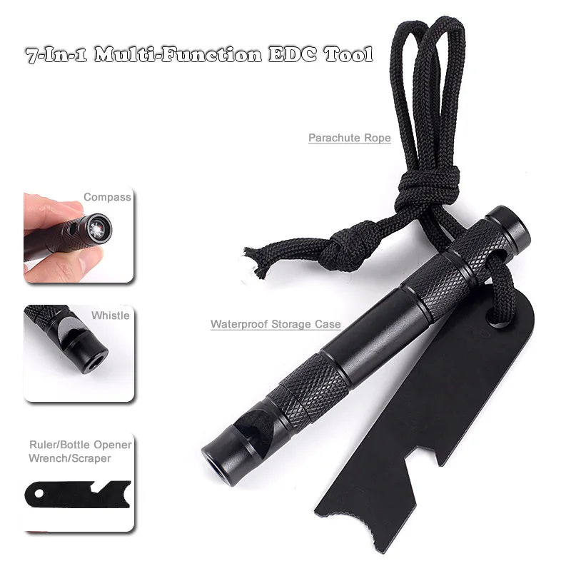 

7-IN-1 Multi Function Portable Outdoor Survival EDC Tool Emergency Whistle/Compass/Wrench/Ruler/Rope/Waterproof Case Pen Size