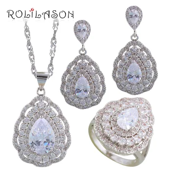 ROLILASON White Zircon Water drop Silver filled 925 stamped Wedding Jewelry Sets Earrings Necklace rings JS703 
ROLILASON White Zircon Water drop Silver filled 925 stamped Wedding Jewelry Sets Earrings Necklace rings JS703
