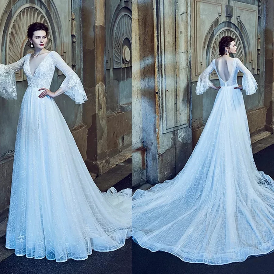 V-neck Half Bell Sleeves Silver Sequined A-line Wedding Dress Applique Lace Open Back Bridal Gowns vestido de noiva sereia 
V-neck Half Bell Sleeves Silver Sequined A-line Wedding Dress Applique Lace Open Back Bridal Gowns vestido de noiva sereia