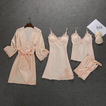 2018 NEW Robe Sleepwear Sets Spring Womens 4 Pieces Strap Top Pants Suit Casual Pajamas Sexy Nightwear Kimono Bath Gown M-2XL
2018 NEW Robe Sleepwear Sets Spring Womens 4 Pieces Strap Top Pants Suit Casual Pajamas Sexy Nightwear Kimono Bath Gown M-2XL