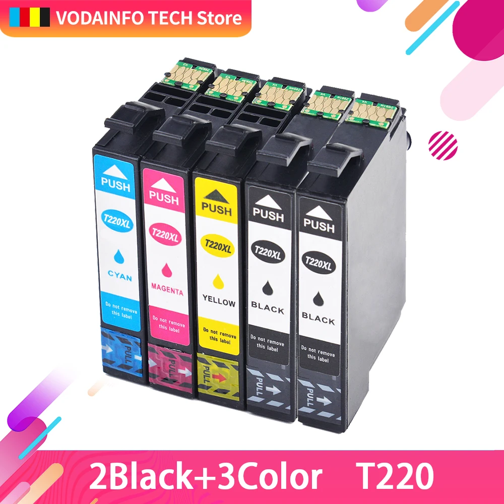 QSYRAINBOW 5Pack T2201 220XL 220 T220 Compatible empty ink cartridge with chips for Epson WorkForce XP-320 XP-420 XP-424 WF-226 |