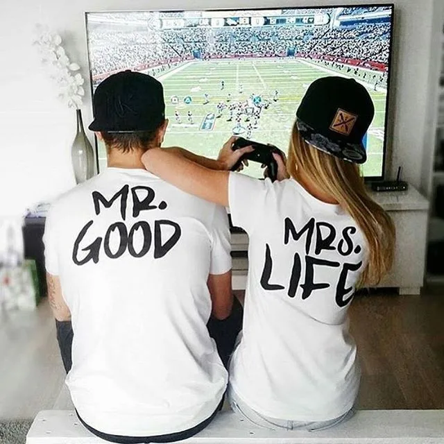 

BKLD 2017 New Summer Funny Couple T Shirts mr good mrs life Letter Printed Cotton O-Neck Tees Short Sleeve Causal Couple Clothes