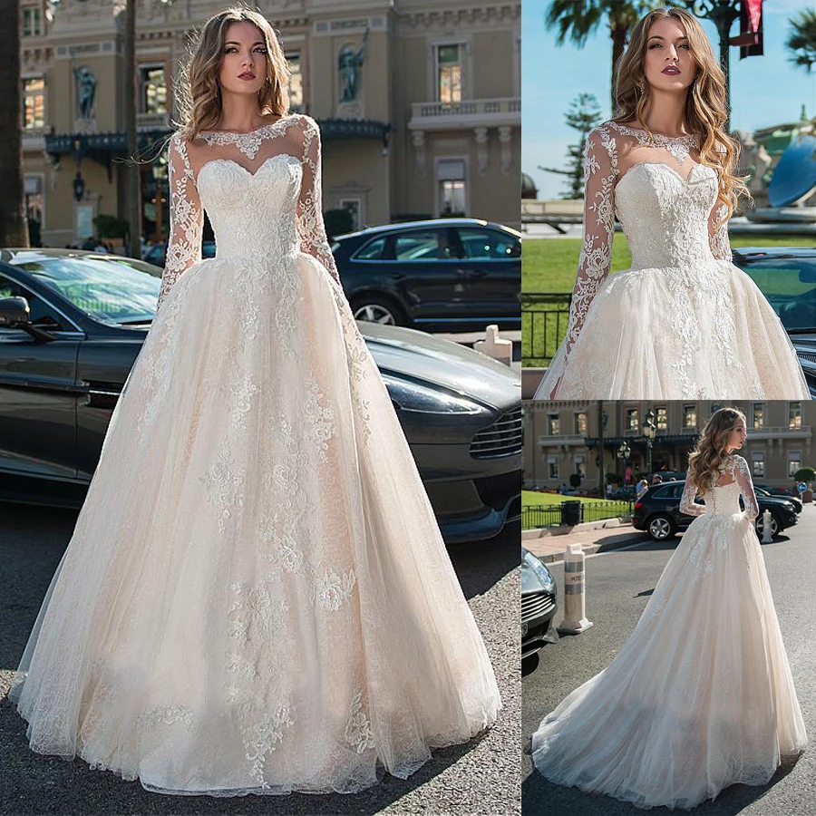 Attractive Tulle & Lace Bateau Neckline Bridal Gown Long Sleeves Wedding Dresses With Lace Appliques & Beadings
Attractive Tulle & Lace Bateau Neckline Bridal Gown Long Sleeves Wedding Dresses With Lace Appliques & Beadings