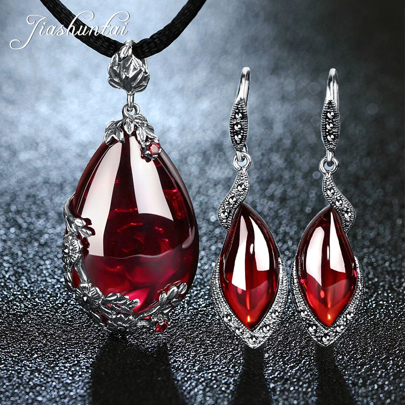 

JIASHUNTAI Retro 100% 925 Sterling Silver Garnet Pendant Necklace Gemstone Drop Earrings For Women Jewelry Sets