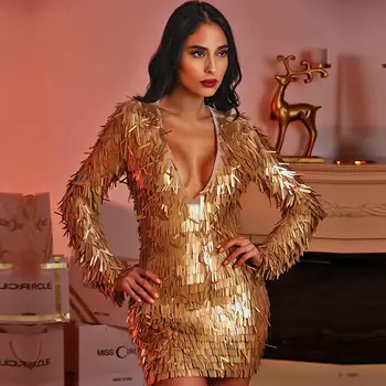 New Summer Celebrity Party Bodycon Dress Women Gold Long Sleeve V-Neck Sequined Sexy Night Out Mini Club Dress Women Vestidos
New Summer Celebrity Party Bodycon Dress Women Gold Long Sleeve V-Neck Sequined Sexy Night Out Mini Club Dress Women Vestidos
