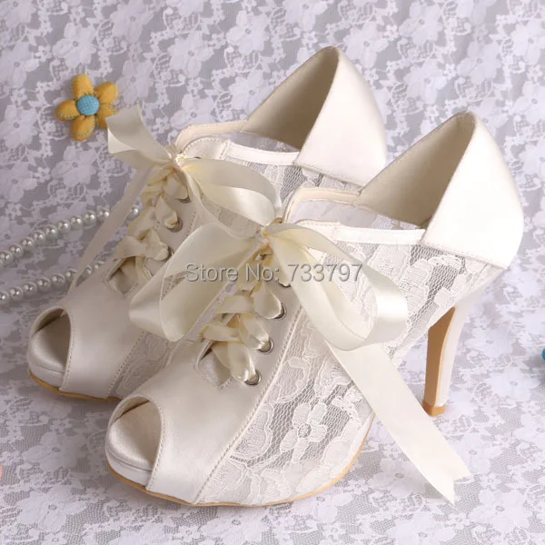 Brand Name Magic Lacing Beige Lace High Heel Wedding Shoes for Ladies with Ribbon