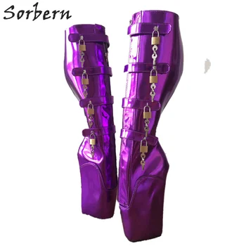 

Sorbern Fashion Knee High Boots Unisex 18Cm 10 Keys Lockable Beginner Ballet Wedge Boot Heelless Fetish Purple Metallic Shoes