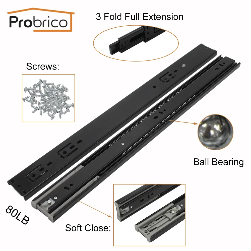 Probrico 12/14/16/18/20/22" Soft Close Ball Bearing Black Drawer Rail Heavy Duty Rear/Side Mount Kitchen Furniture Drawer Slide
Probrico 12/14/16/18/20/22" Soft Close Ball Bearing Black Drawer Rail Heavy Duty Rear/Side Mount Kitchen Furniture Drawer Slide
