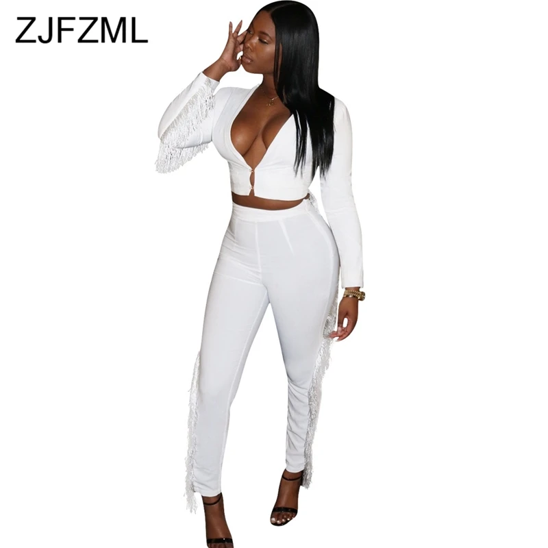 Tassels Patchwork Sexy Two Piece Set Women Deep V Neck Long Sleeve Crop Top + Bodycon Pants Casual Black White Club Party Outfit
Tassels Patchwork Sexy Two Piece Set Women Deep V Neck Long Sleeve Crop Top + Bodycon Pants Casual Black White Club Party Outfit
